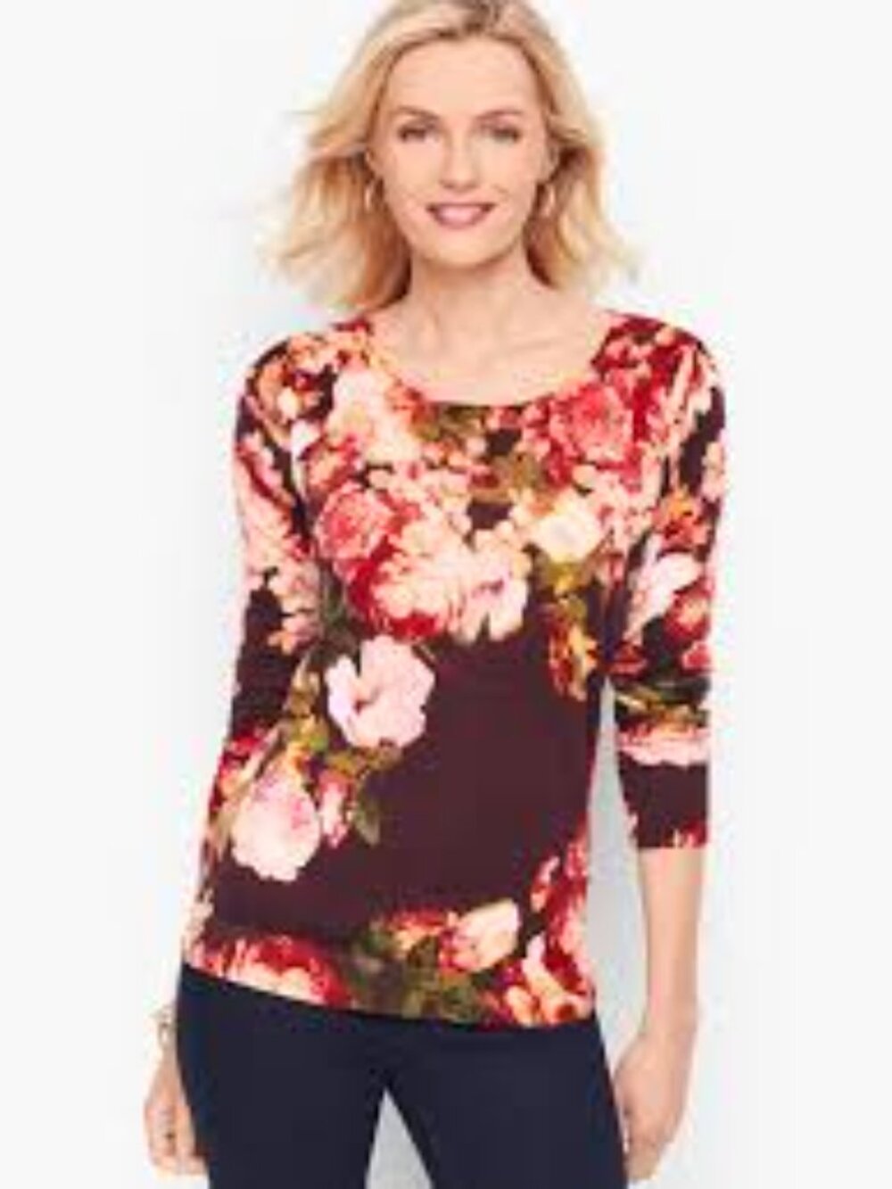 Talbots Pure Merino Wool Floral Gathered Shoulder Sweater Size LP Large Petite